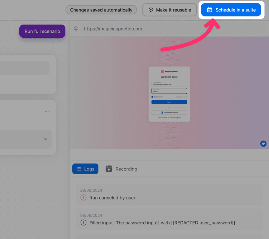 Schedule test button
